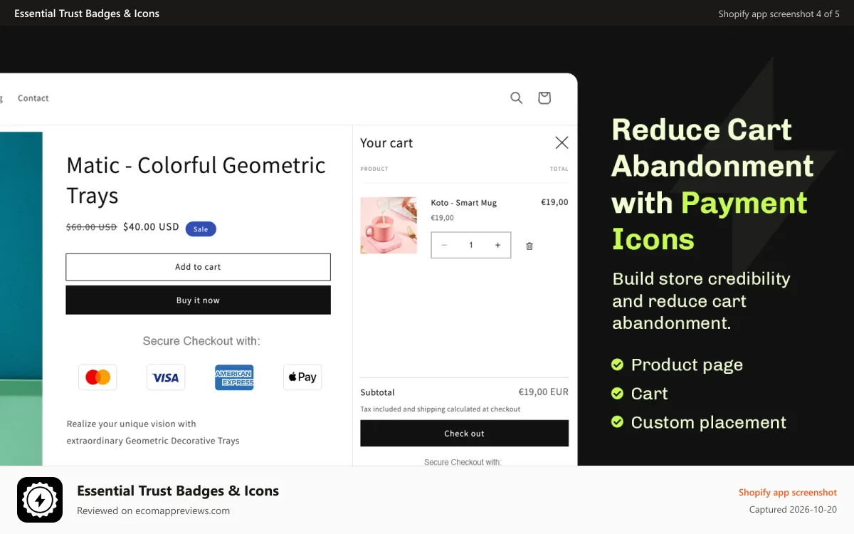 Essential Trust Badges & Icons Shopify app screenshot: Shopify payment icons on product page and cart that boosts sales