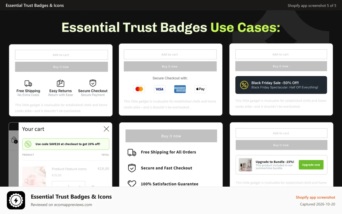 Essential Trust Badges & Icons Shopify app screenshot: Shopify trust badges use cases