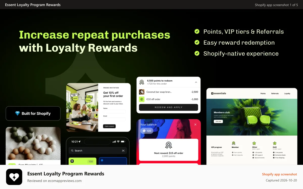Essent Loyalty Program Rewards Shopify app screenshot: Essential Shopify loyalty program points, rewards, VIP, referral