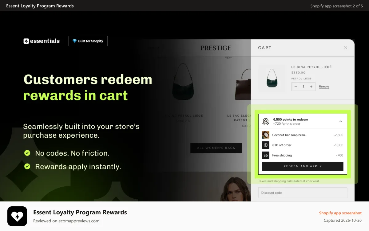 Essent Loyalty Program Rewards Shopify app screenshot: Essential Loyalty rewards redeem in cart without coupon codes