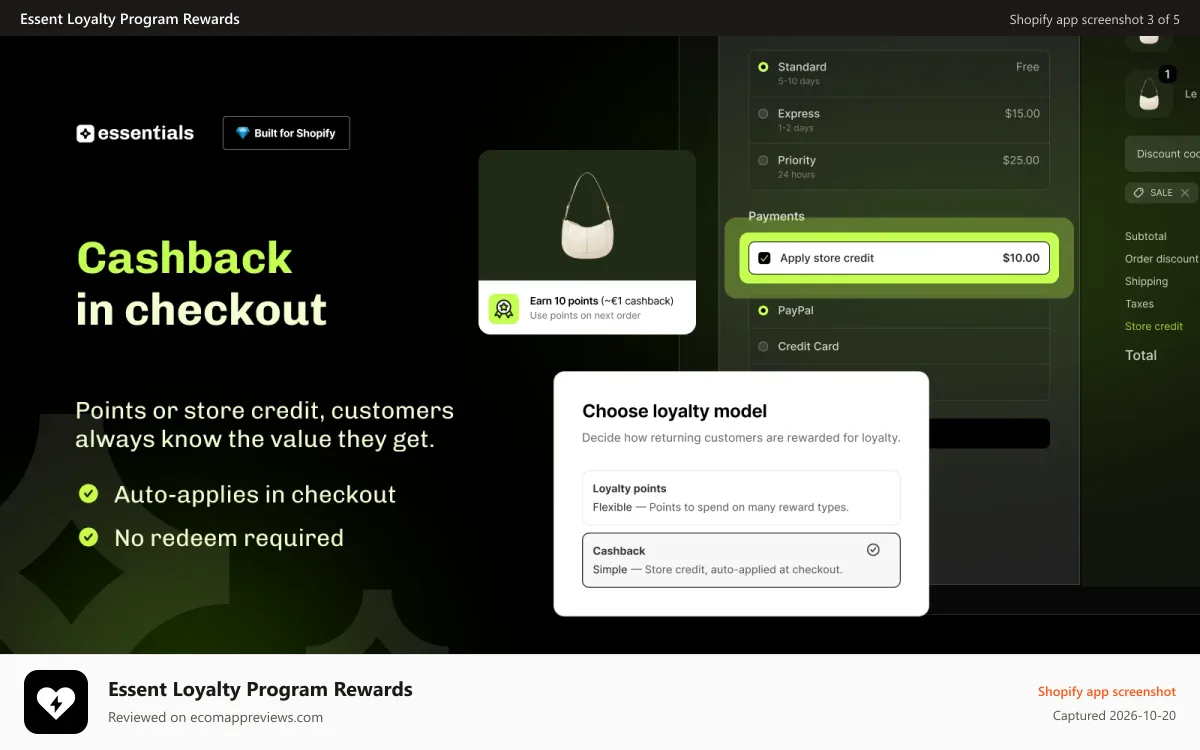 Essent Loyalty Program Rewards Shopify app screenshot: Essential Loyalty cashback, auto apply store credits in checkout