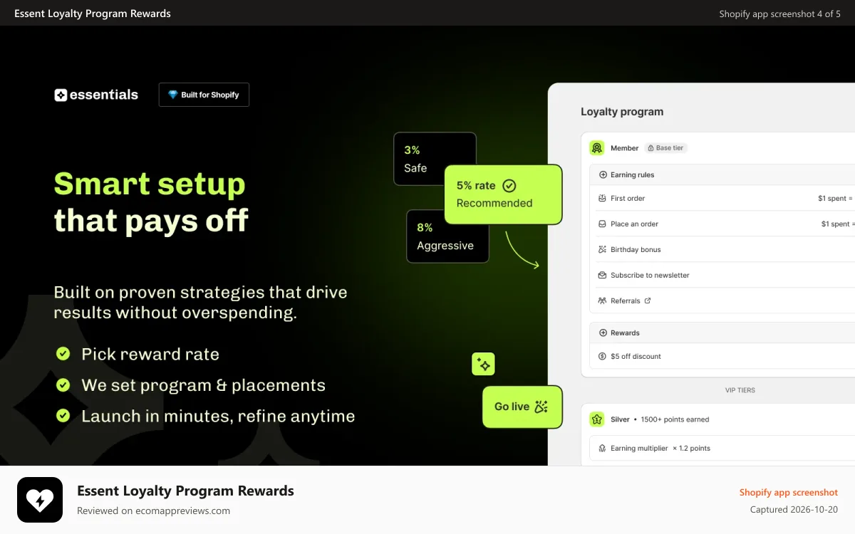 Essent Loyalty Program Rewards Shopify app screenshot: Launch Essential Loyalty in minutes with smart reward defaults