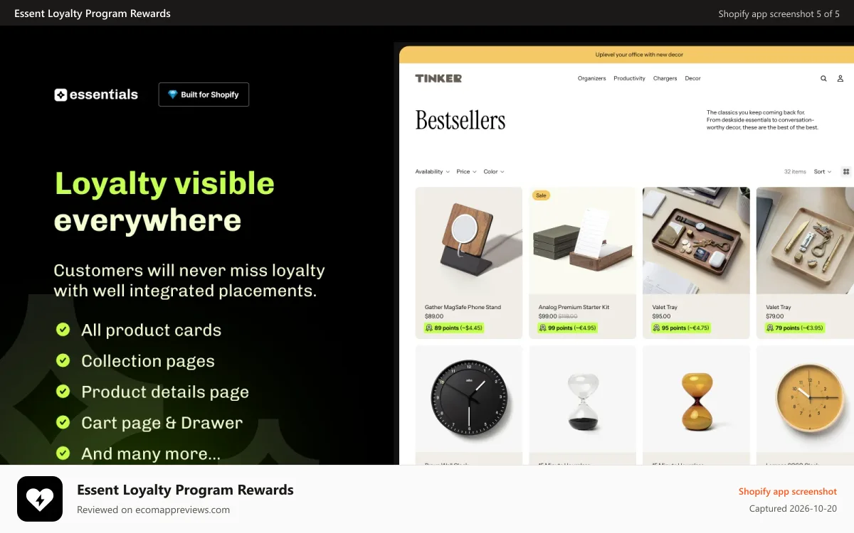 Essent Loyalty Program Rewards Shopify app screenshot: Essential Loyalty on every product card in collection pages