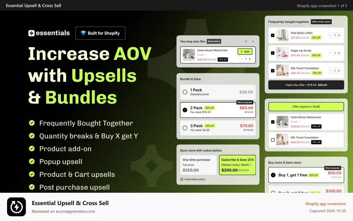 Essential Upsell & Cross Sell Shopify app screenshot: incrase shopify store aov with upsells and FBT bundles