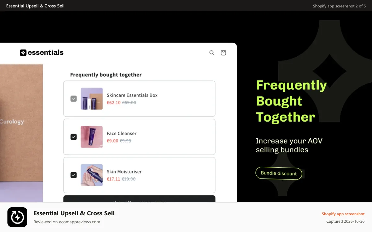 Essential Upsell & Cross Sell Shopify app screenshot: Essential Shopify frequently bought together bundles