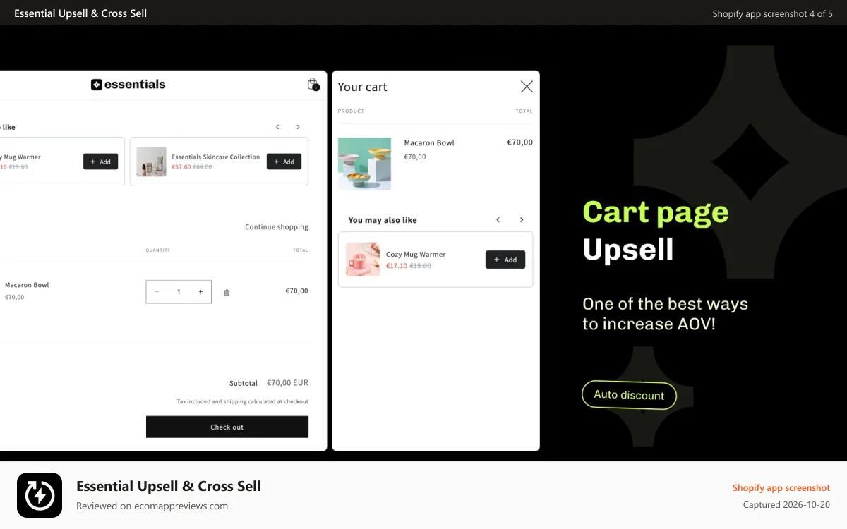 Essential Upsell & Cross Sell Shopify app screenshot: Essential Shopify cart page upsell and cart drawer upsell