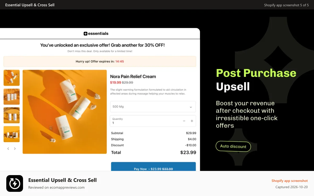 Essential Upsell & Cross Sell Shopify app screenshot: Essential Shopify Post Purchase upsell app
