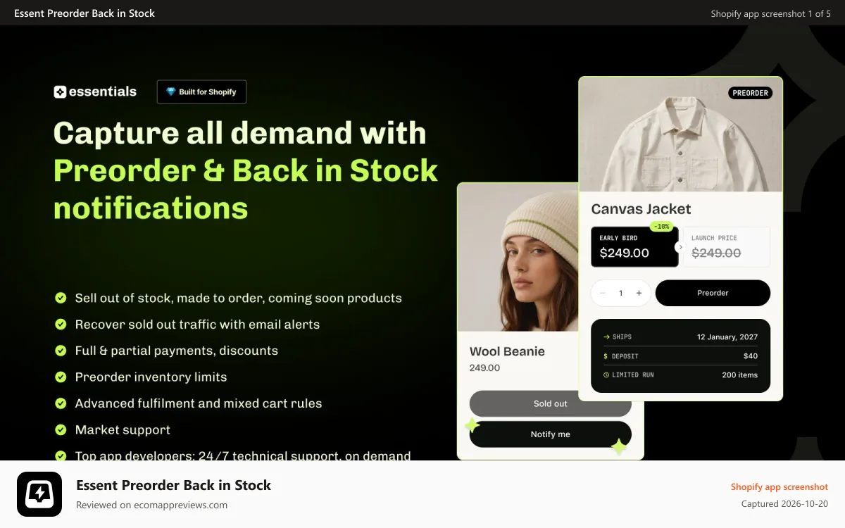 Essent Preorder Back in Stock Shopify app screenshot: Essential preorder and back in stock app for Shopify merchants