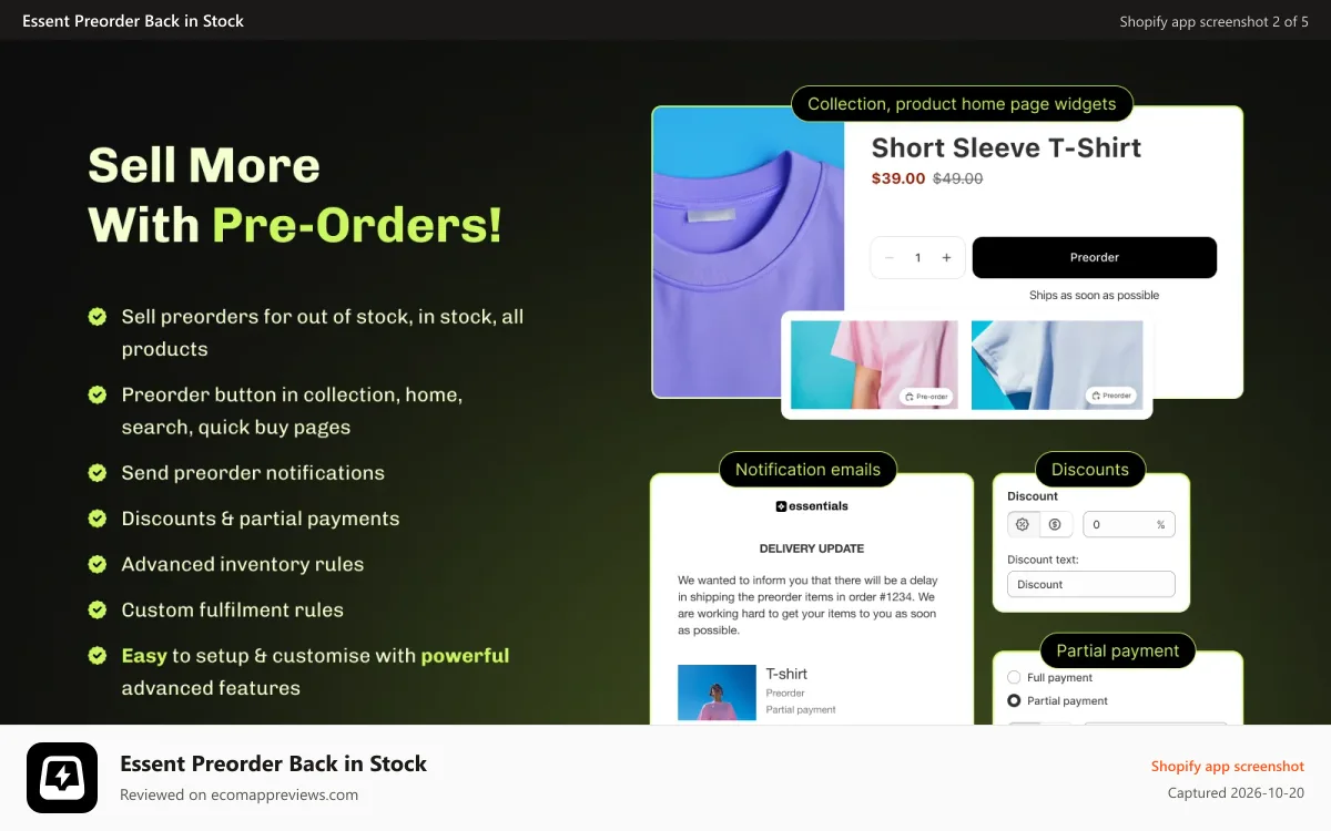 Essent Preorder Back in Stock Shopify app screenshot: Preorder button on product page regardless of stock level