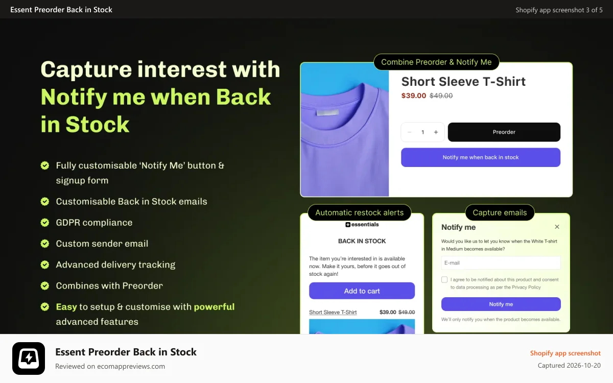 Essent Preorder Back in Stock Shopify app screenshot: Notify me waitlist and back in stock email alerts on restock