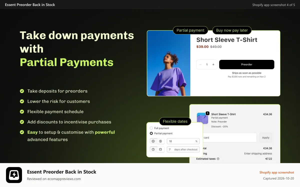 Essent Preorder Back in Stock Shopify app screenshot: Collect deposits, partial payment and split payment schedules