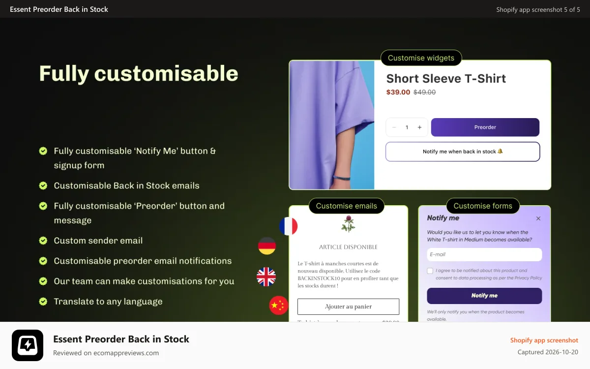Essent Preorder Back in Stock Shopify app screenshot: Customize preorder buttons and preorder badges for your brand