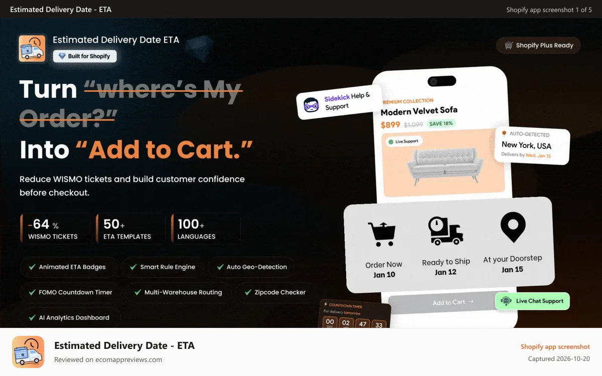 Estimated Delivery Date ‑ ETA Shopify app screenshot: Fast estimated delivery date app for shopify stores