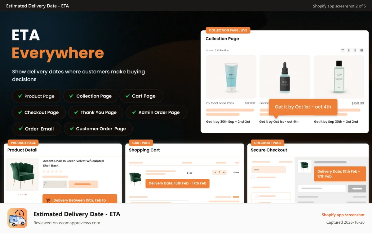 Estimated Delivery Date ‑ ETA Shopify app screenshot: Display ETA across product, cart & checkout pages