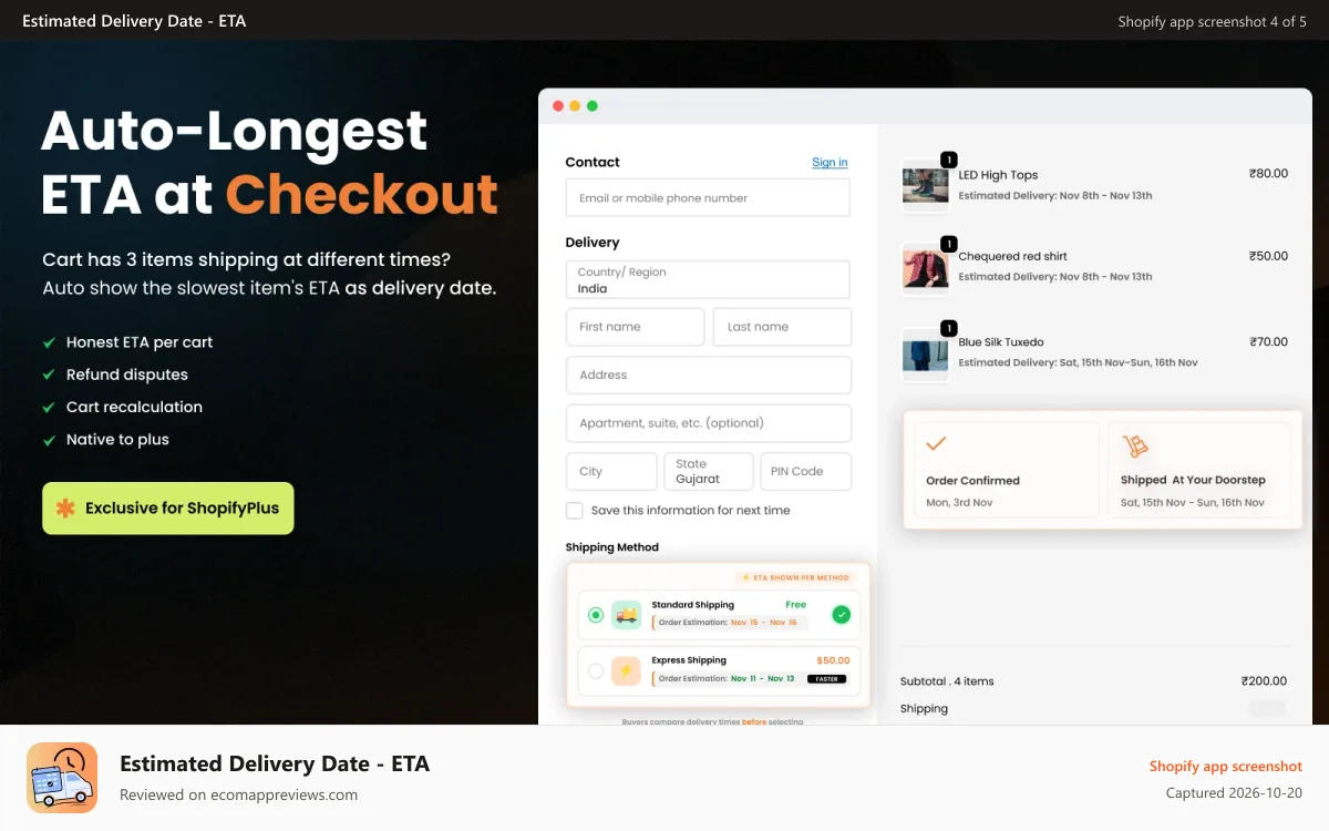 Estimated Delivery Date ‑ ETA Shopify app screenshot: Show order ETA directly in checkout page