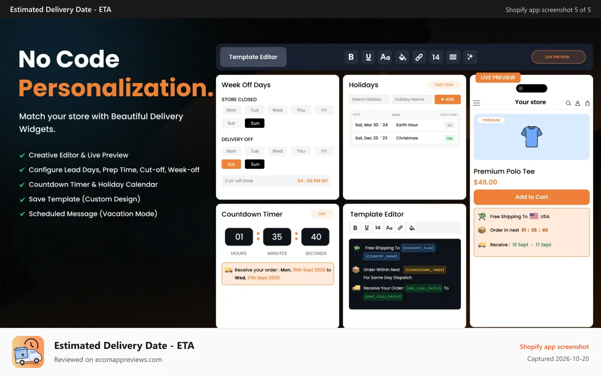 Estimated Delivery Date ‑ ETA Shopify app screenshot: Show delivery dates on Shopify without coding