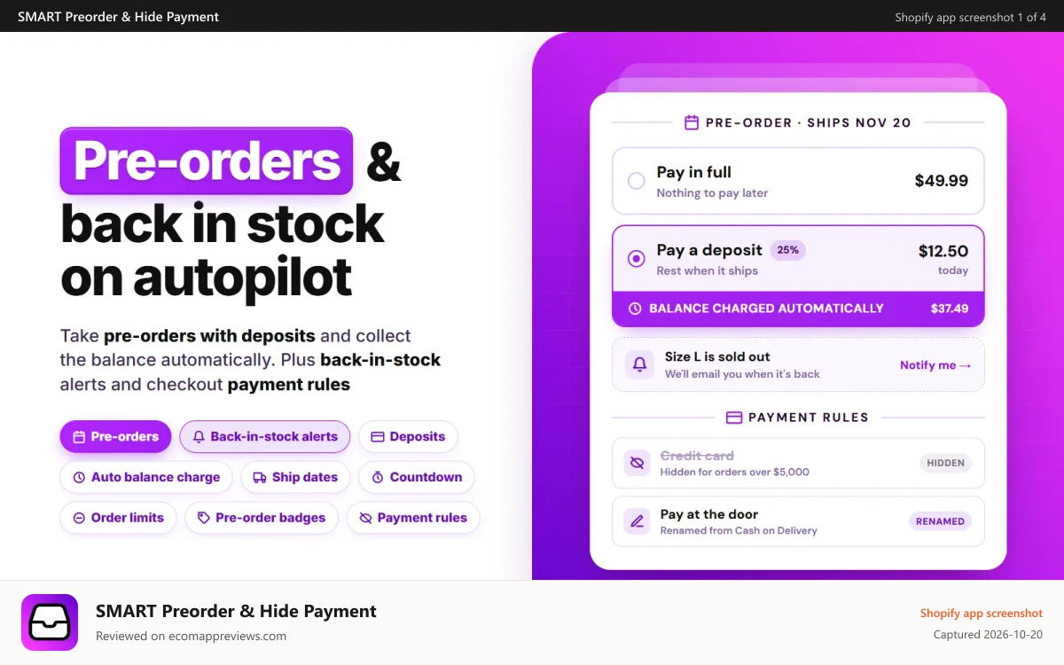 SMART Preorder & Hide Payment Shopify app screenshot: Pre-order button with deposits and a back in stock Notify me