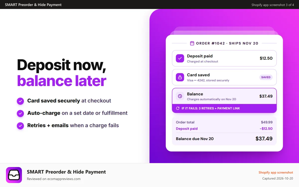 SMART Preorder & Hide Payment Shopify app screenshot: Pre-order deposit at checkout, balance charged automatically