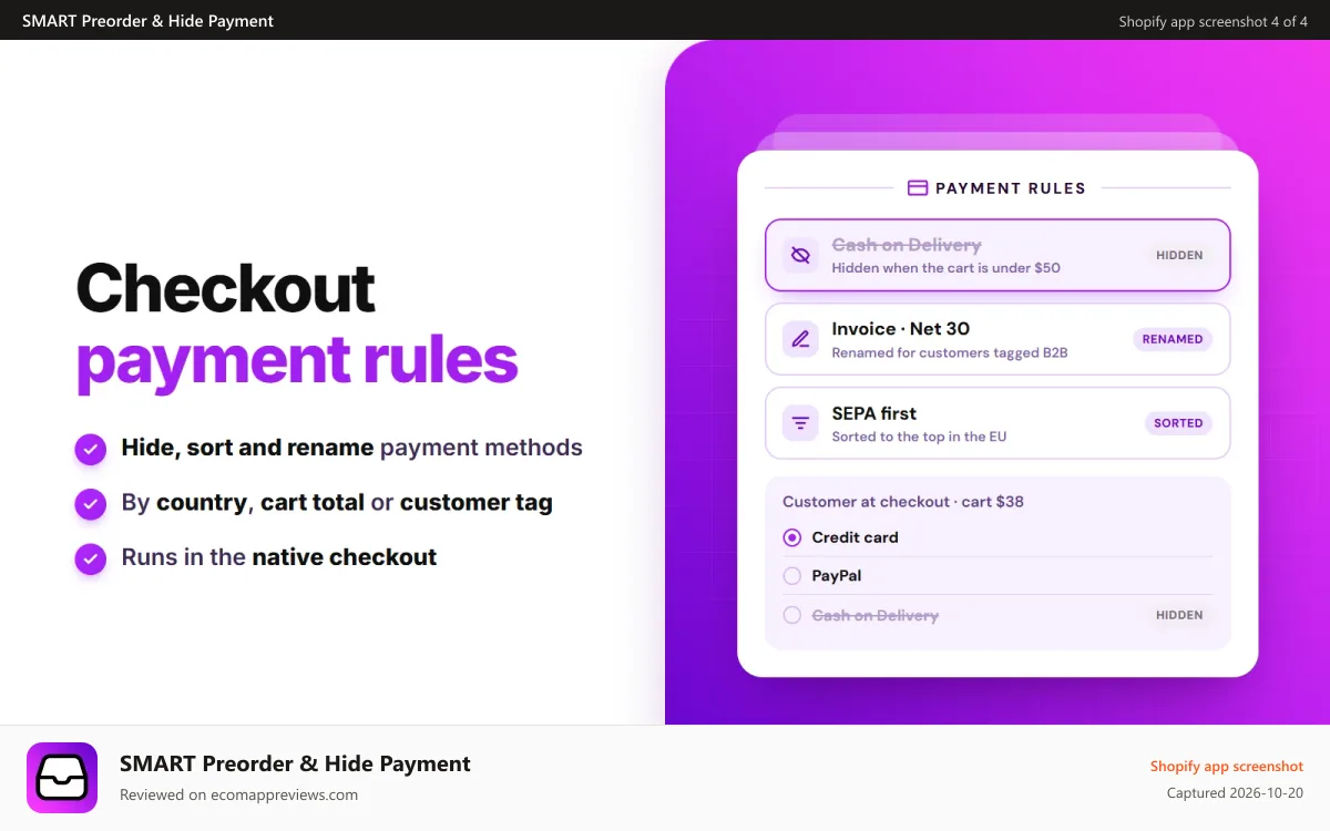 SMART Preorder & Hide Payment Shopify app screenshot: Checkout rules that hide, sort and rename payment methods