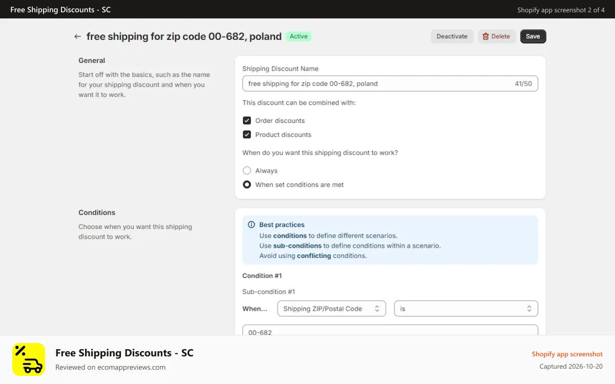 Free Shipping Discounts ‑ SC Shopify app screenshot: Example shipping discount
