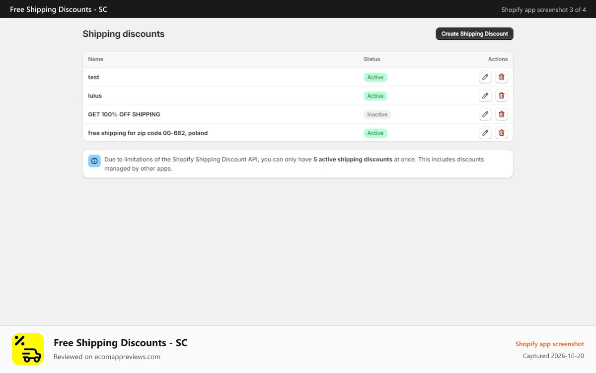 Free Shipping Discounts ‑ SC Shopify app screenshot: Shipping discounts list