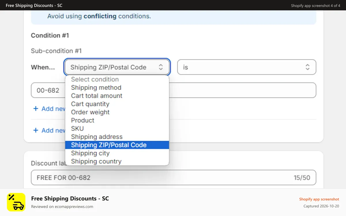 Free Shipping Discounts ‑ SC Shopify app screenshot: Available conditions
