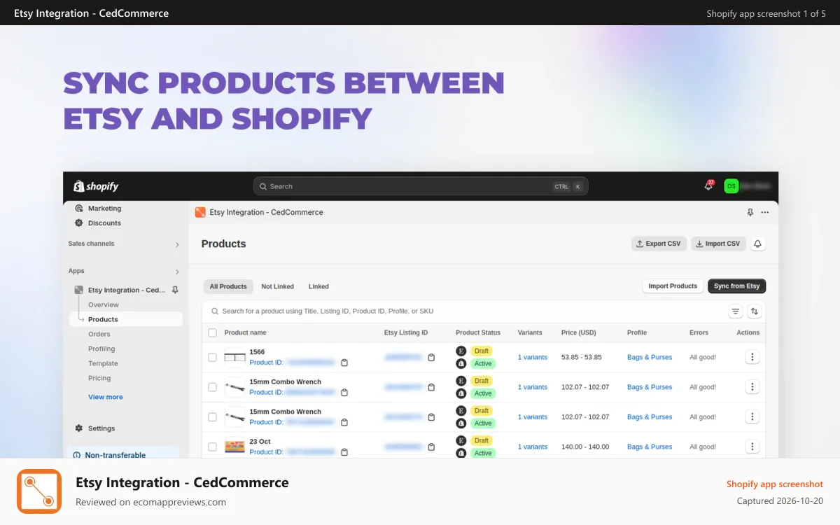 Etsy Integration ‑ CedCommerce Shopify app screenshot: Sync Products between Etsy and Shopify