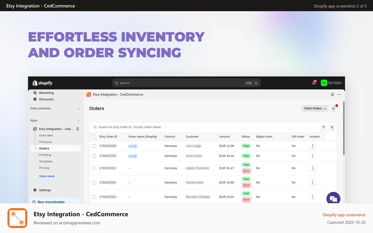 Etsy Integration ‑ CedCommerce Shopify app screenshot: Effortless Inventory and Order Syncing