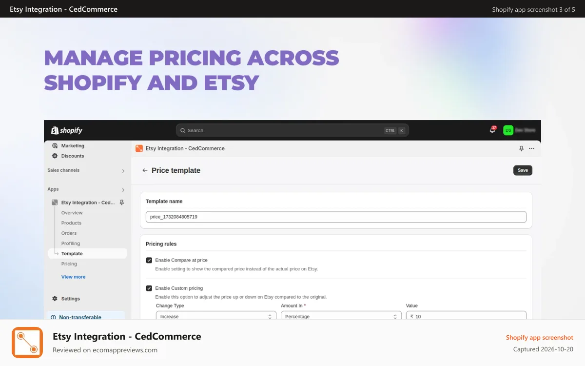 Etsy Integration ‑ CedCommerce Shopify app screenshot: Manage Pricing across Shopify and Etsy