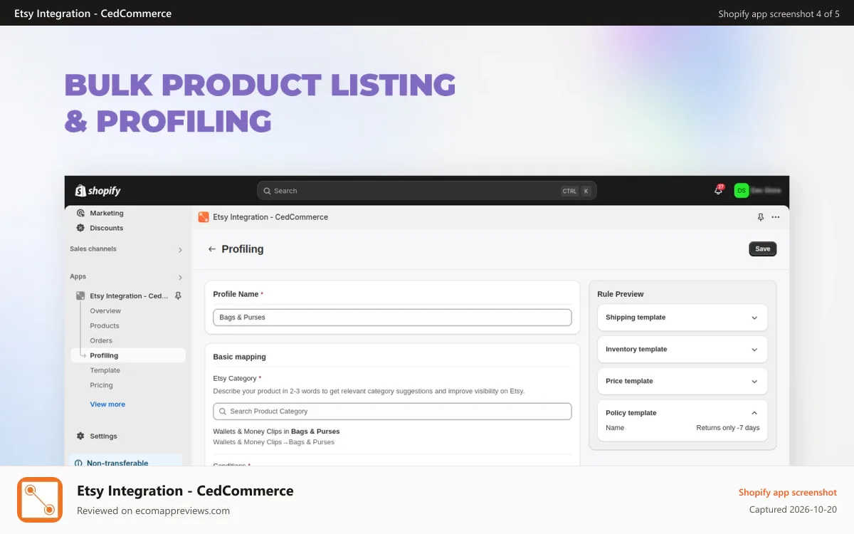 Etsy Integration ‑ CedCommerce Shopify app screenshot: Bulk Product Listing and Profiling for Speed and Efficiency