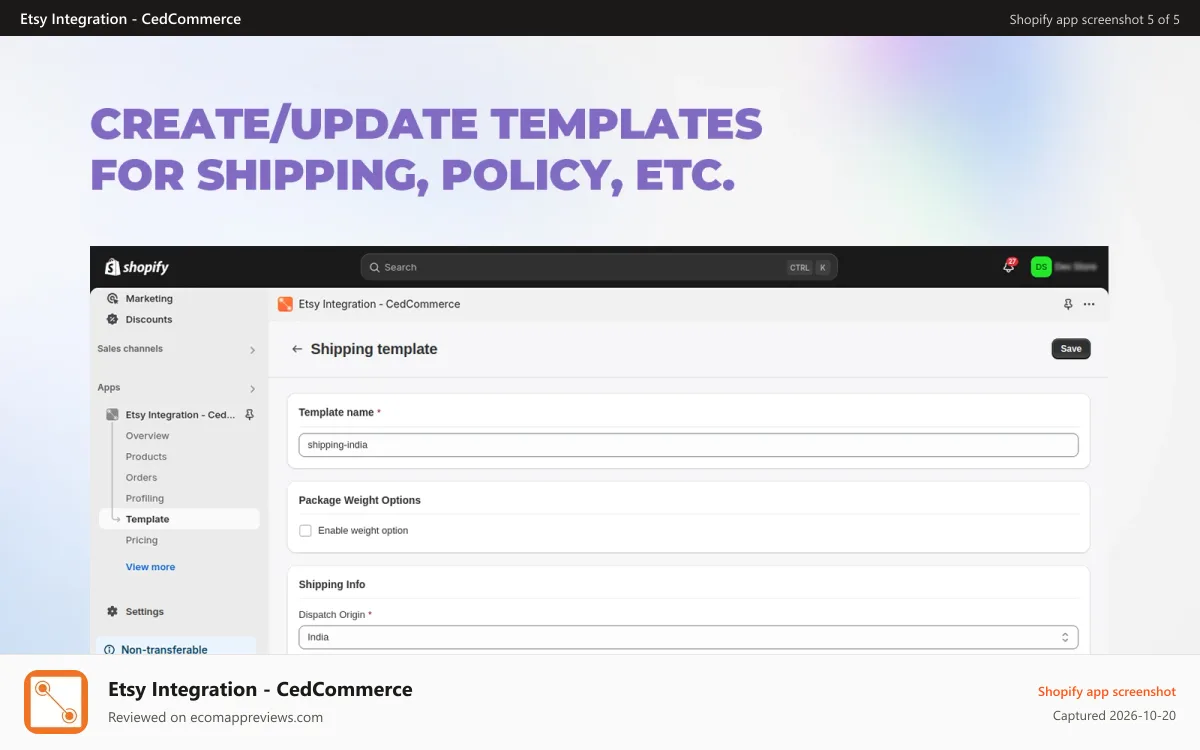 Etsy Integration ‑ CedCommerce Shopify app screenshot: Create/Update Templates for Shipping Policy, etc.