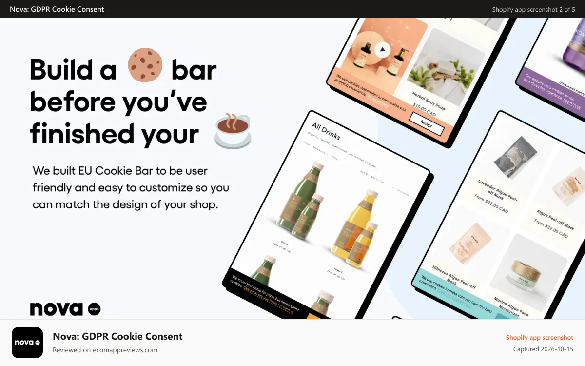 Nova: GDPR Cookie Consent Shopify app screenshot: EU Cookie Bar