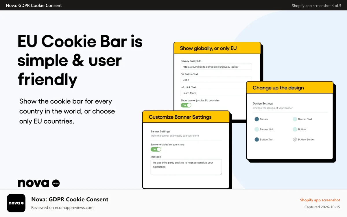 Nova: GDPR Cookie Consent Shopify app screenshot: EU Cookie Bar