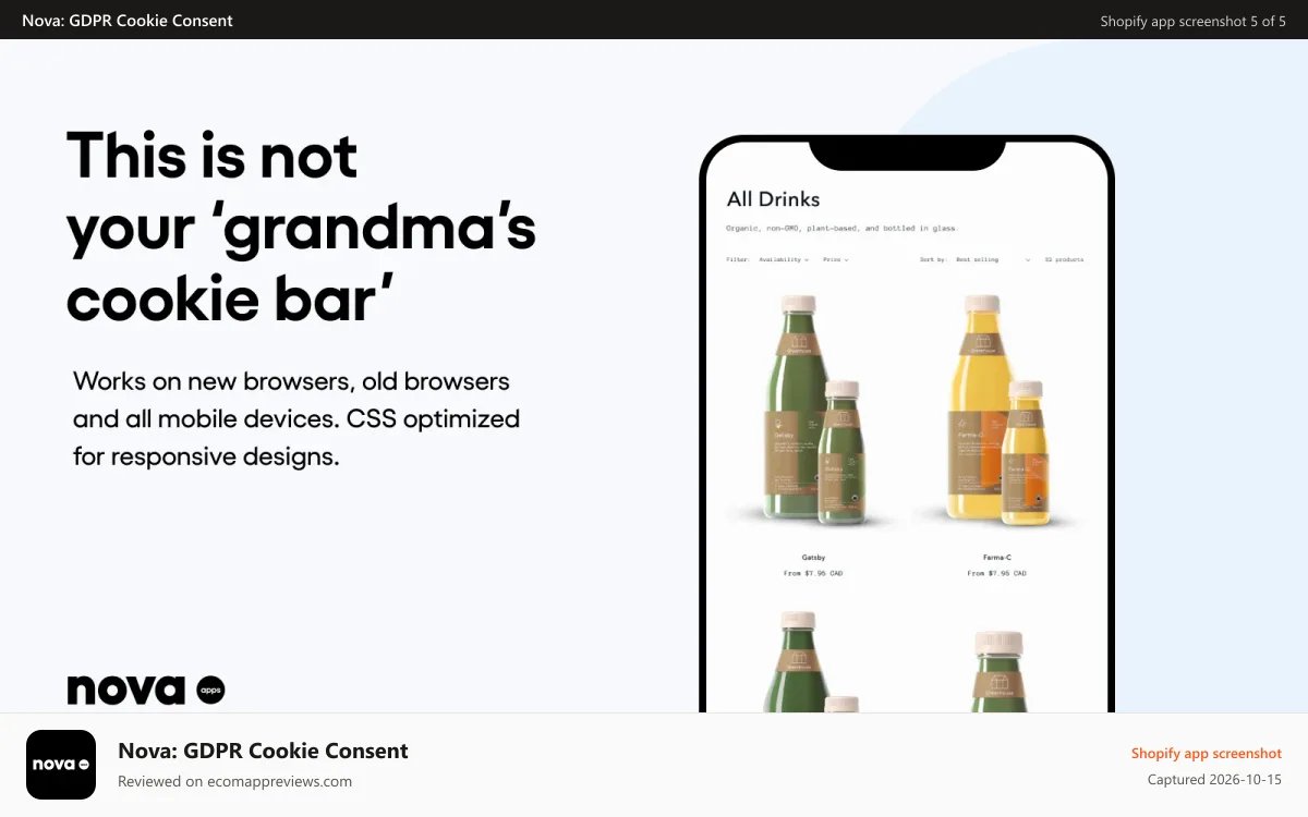 Nova: GDPR Cookie Consent Shopify app screenshot: EU Cookie Bar