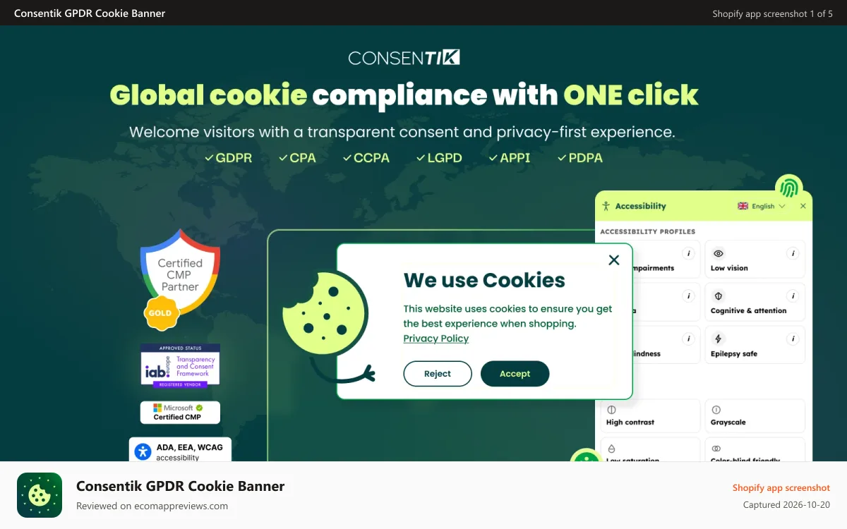 Consentik GPDR Cookie Banner Shopify app screenshot: Protect you from privacy laws with IAB TCF 2.2 cookie banner