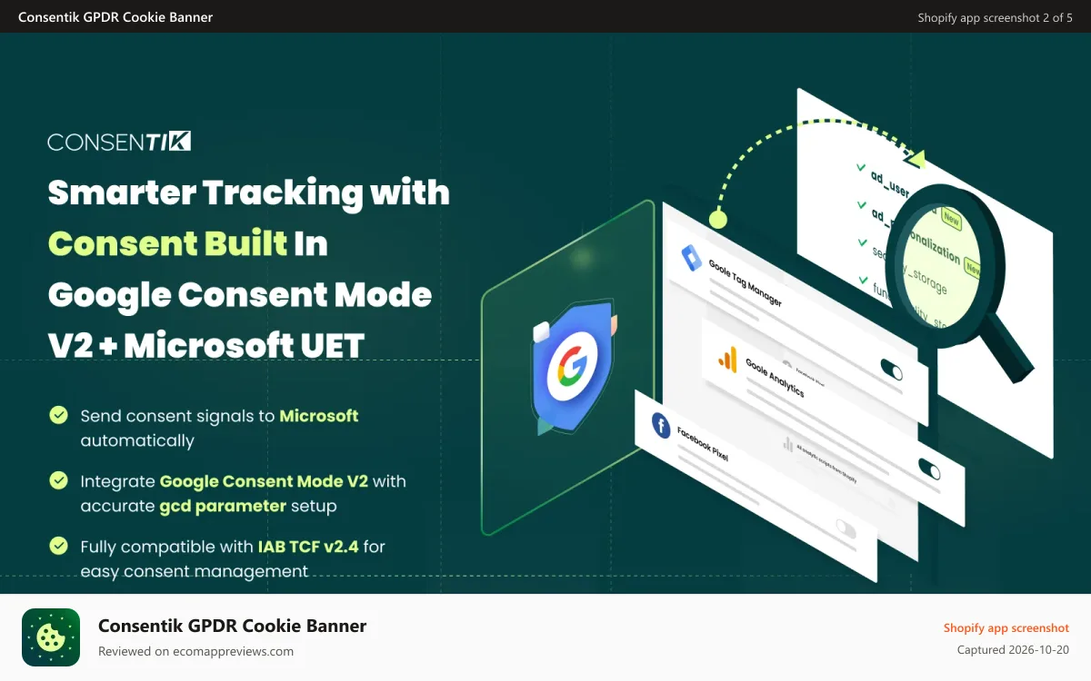 Consentik GPDR Cookie Banner Shopify app screenshot: Consentik Cookie Banner with Google Consent Mode V2 compliance