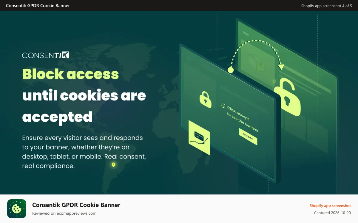 Consentik GPDR Cookie Banner Shopify app screenshot: EU GDPR Cookie Banner with glass effect