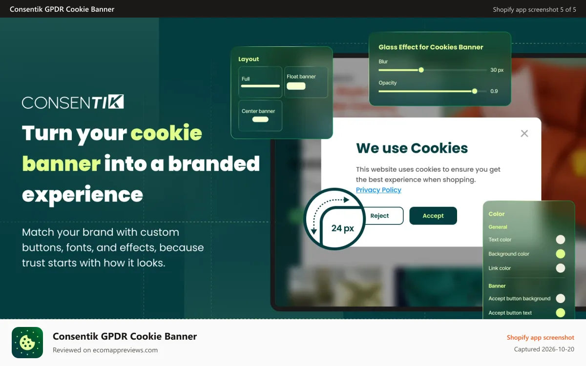 Consentik GPDR Cookie Banner Shopify app screenshot: EU GDPR Cookie Banner Data Request