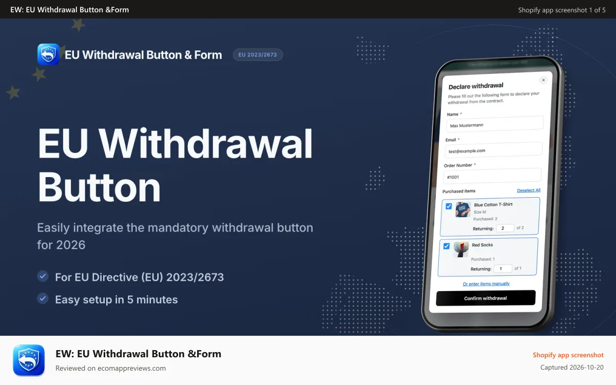 EW: EU Withdrawal Button &Form Shopify app screenshot: Withdrawal button and form in the store