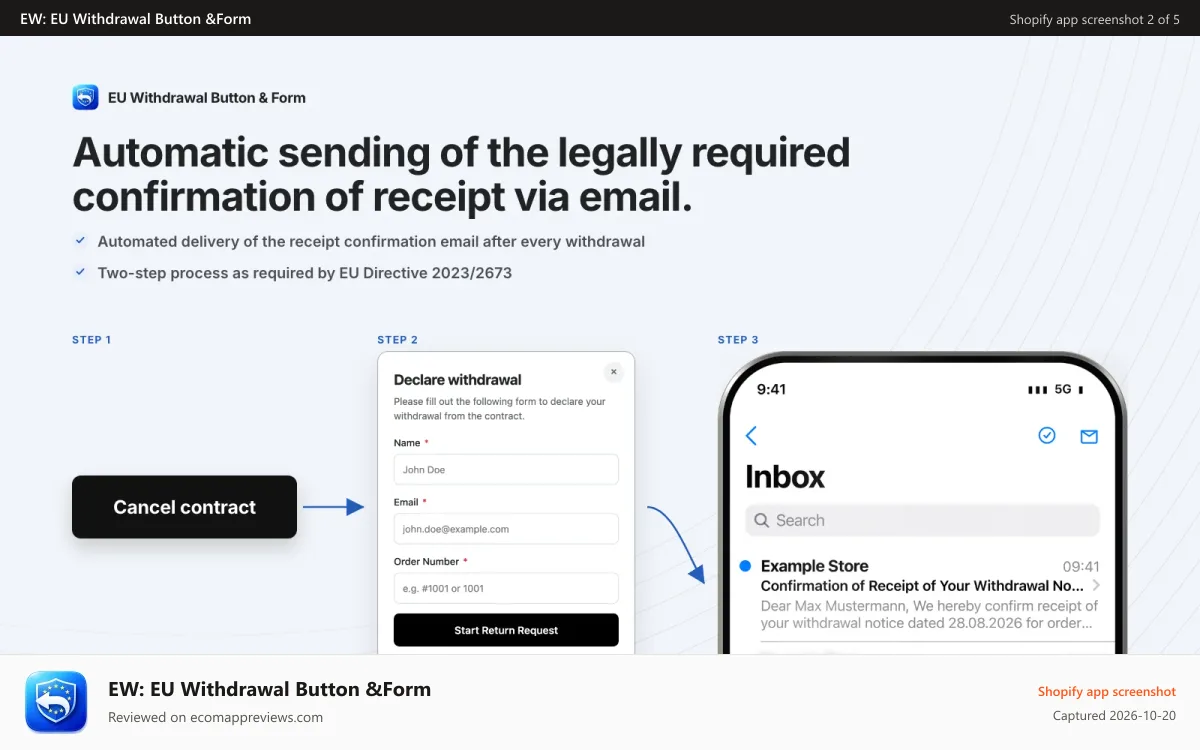 EW: EU Withdrawal Button &Form Shopify app screenshot: Confirmation email after the withdrawal