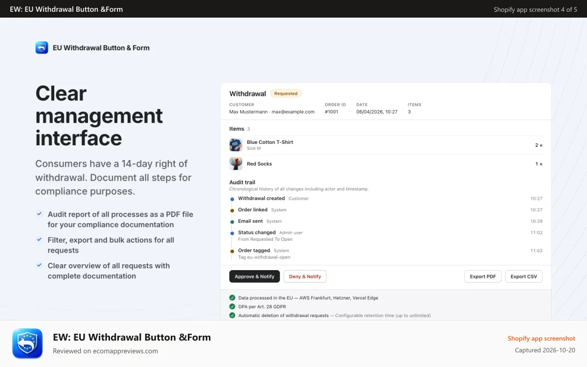 EW: EU Withdrawal Button &Form Shopify app screenshot: A withdrawal with status, audit trail, export
