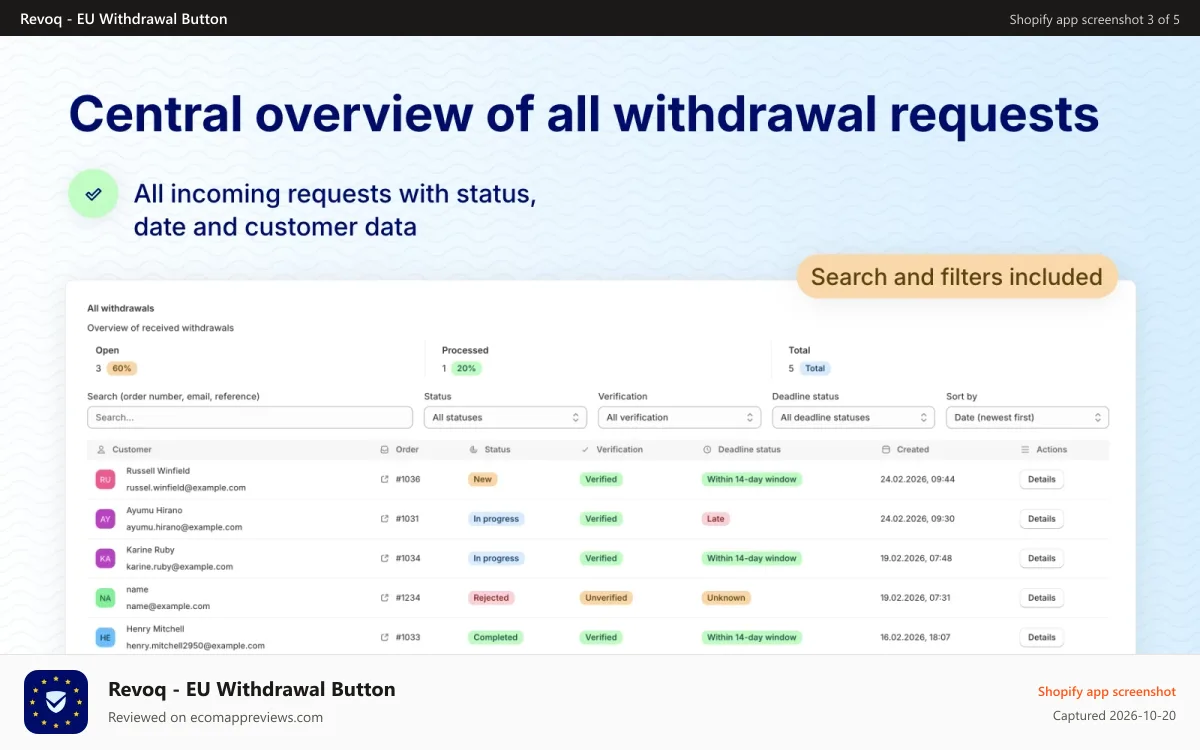 Revoq ‑ EU Withdrawal Button Shopify app screenshot: eu-withdrawal-button-dashboard-eng