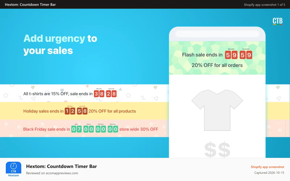 Hextom: Countdown Timer Bar Shopify app screenshot: Shopify App, Countdown Timer Bar by Hextom, flash sales, urgency