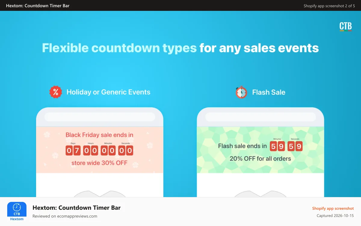 Hextom: Countdown Timer Bar Shopify app screenshot: Shopify App, Countdown Timer Bar by Hextom, flash sales, urgency