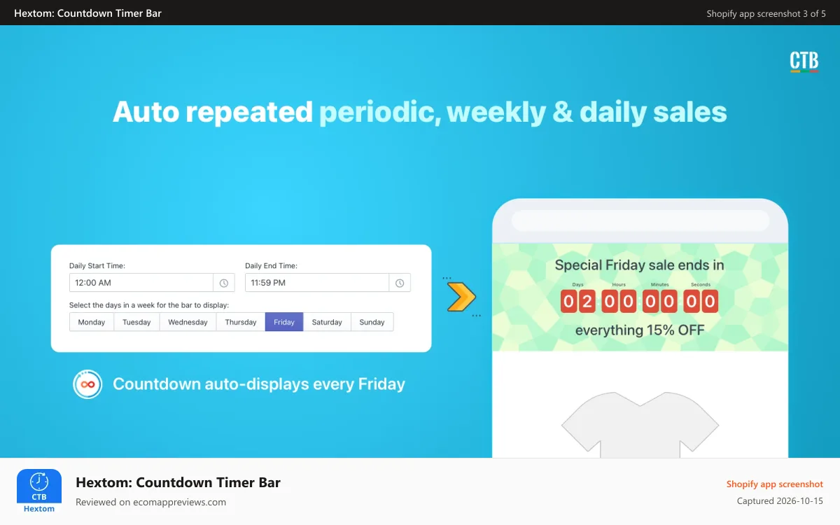 Hextom: Countdown Timer Bar Shopify app screenshot: Shopify App, Countdown Timer Bar by Hextom, flash sales, urgency