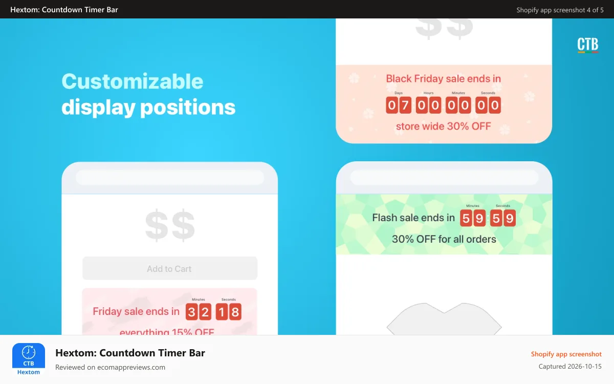 Hextom: Countdown Timer Bar Shopify app screenshot: Shopify App, Countdown Timer Bar by Hextom, flash sales, urgency