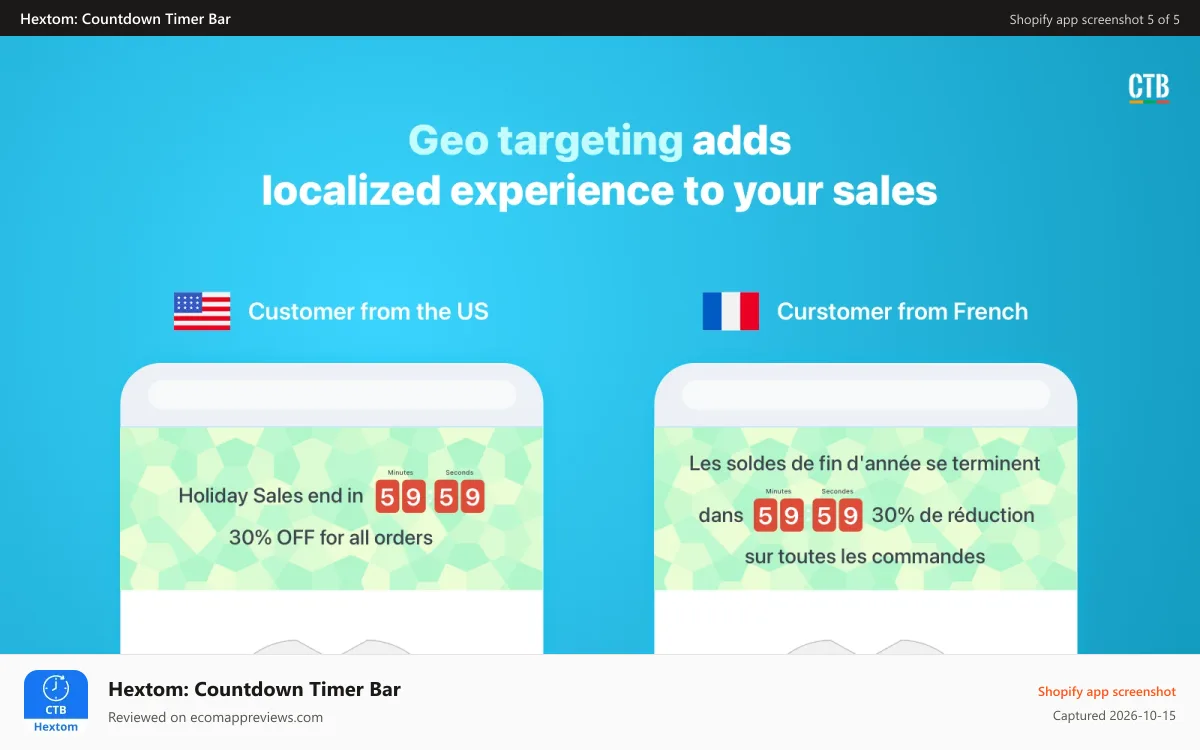Hextom: Countdown Timer Bar Shopify app screenshot: Shopify App, Countdown Timer Bar by Hextom, flash sales, urgency