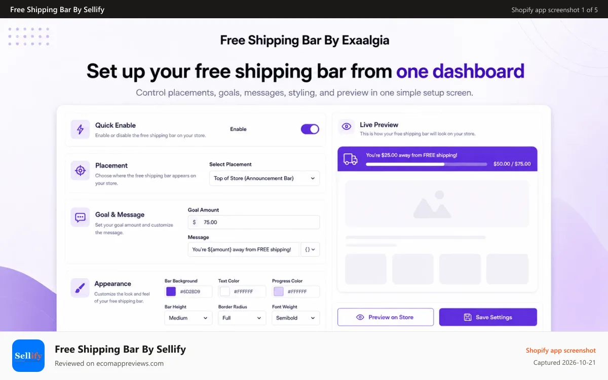 Free Shipping Bar By Sellify Shopify app screenshot: Dashboard Overview