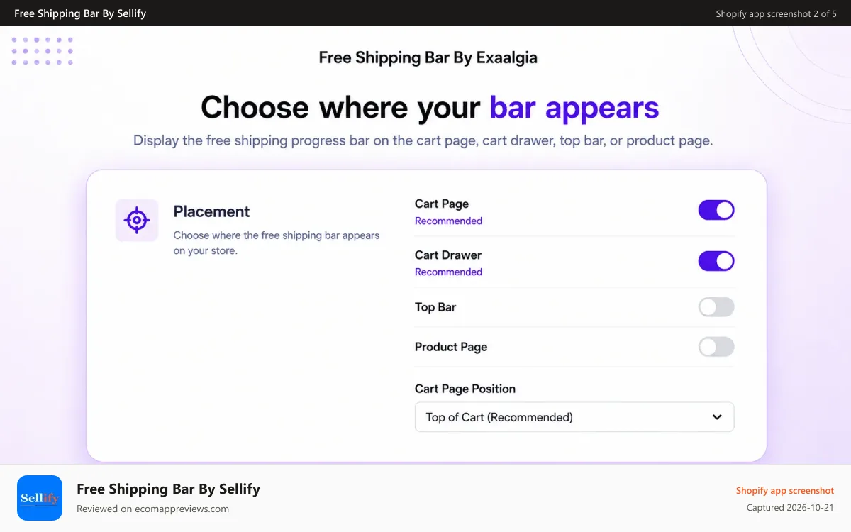 Free Shipping Bar By Sellify Shopify app screenshot: Placement Controls
