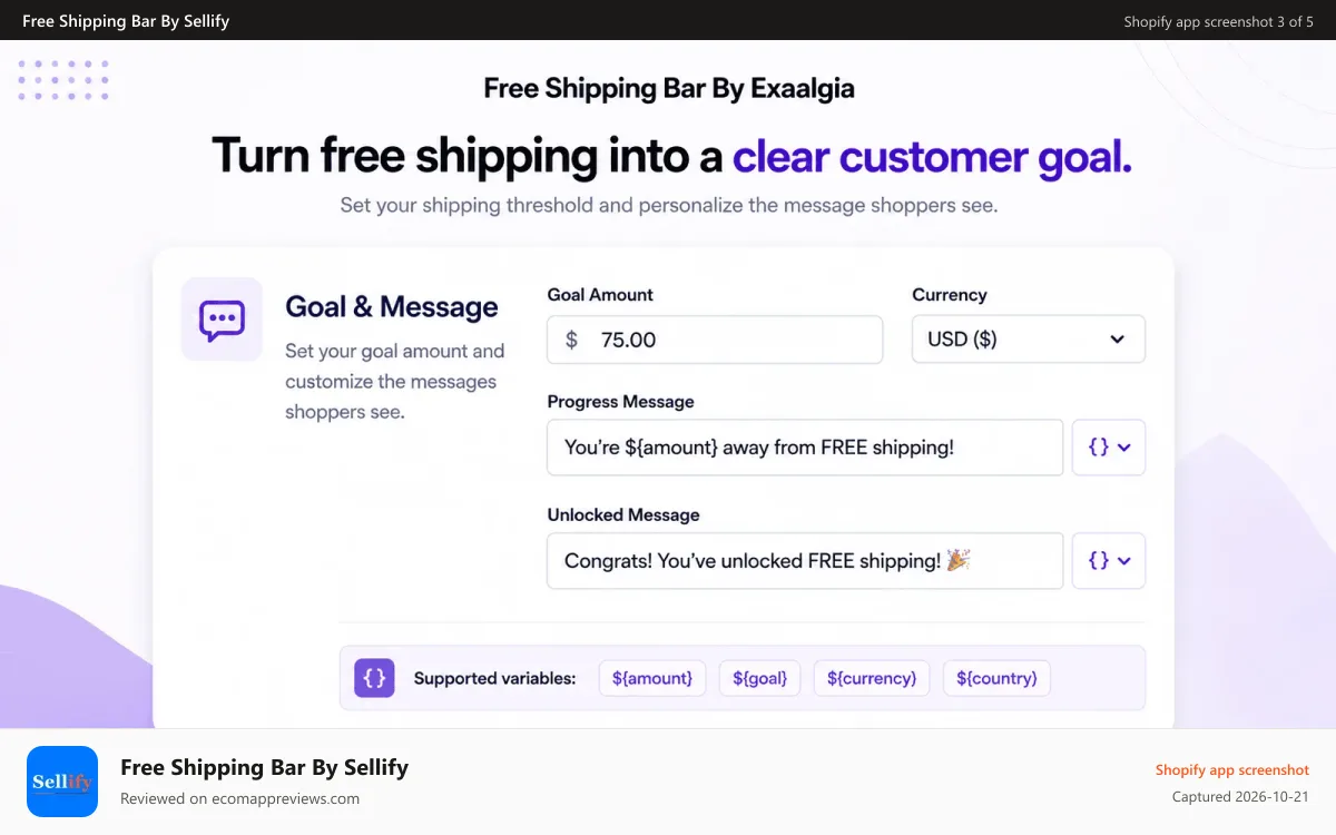 Free Shipping Bar By Sellify Shopify app screenshot: Goal & Message Settings